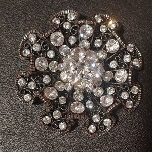 Vintage Silver/Black Snowflake Brooch with Faux Diamonds 2 1/2"